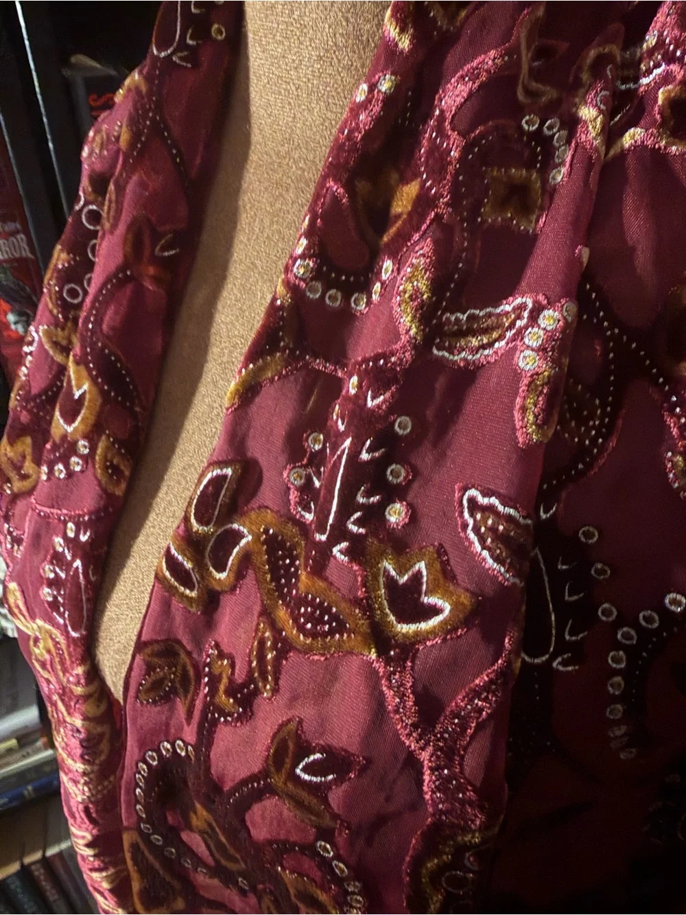 Boho Paisley velvet burn out Fringe Scarf Wrap - Burgundy and gold
